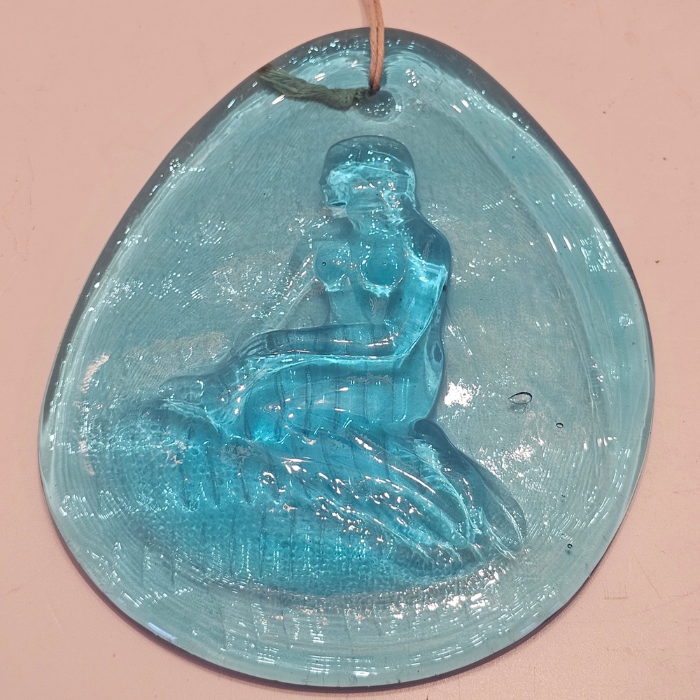 Vintage Turquoise Art Glass Mermaid Suncatcher Textured Blue Coastal Decor 7.5"